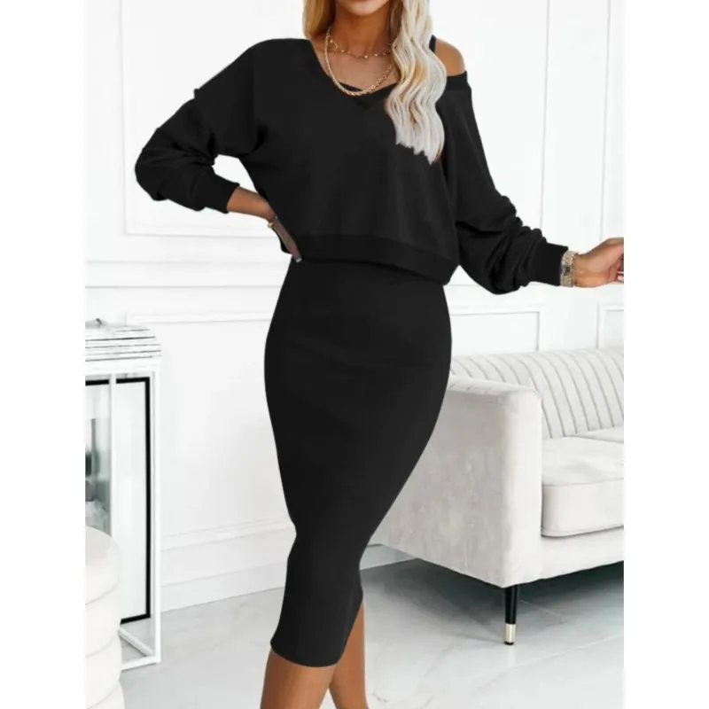 Women's Fashion Two Pieces Skirts Sets Spring Sexy V Neck Long Sleeve Pullover Top And Long Skirts Two Piece Set Female Clothing