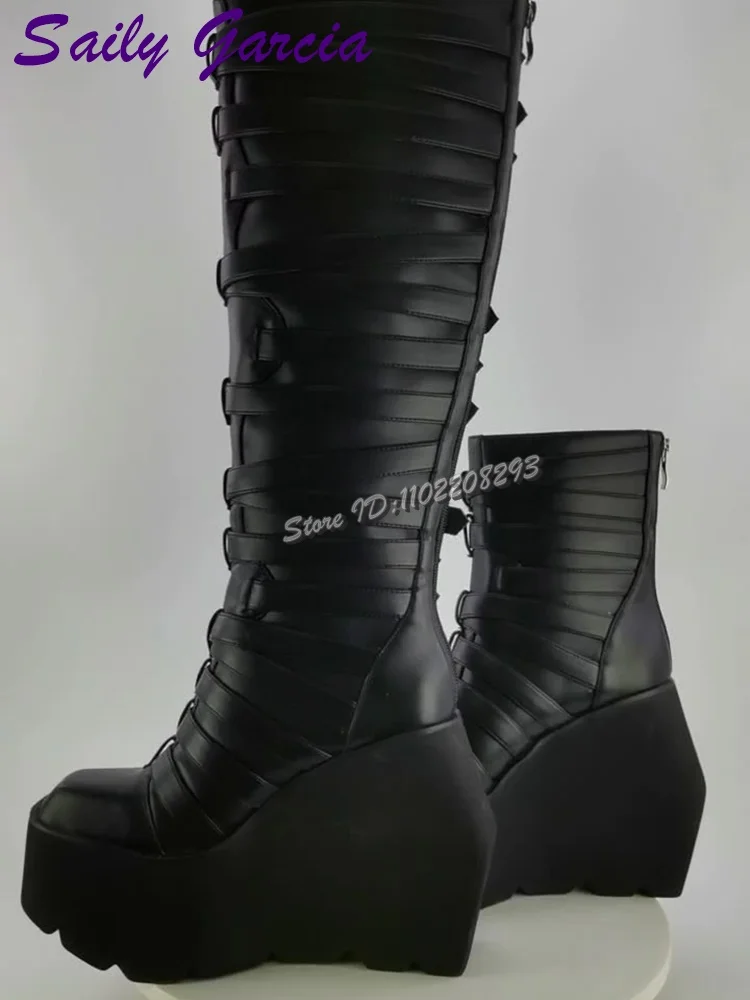 فاسق حزام مشبك منصة دراجة نارية الأحذية ساحة تو الظلام سميكة وحيد الساخن فتاة الركبة عالية الأحذية 2025 Y2K النساء الأحذية الحديثة الجديدة
