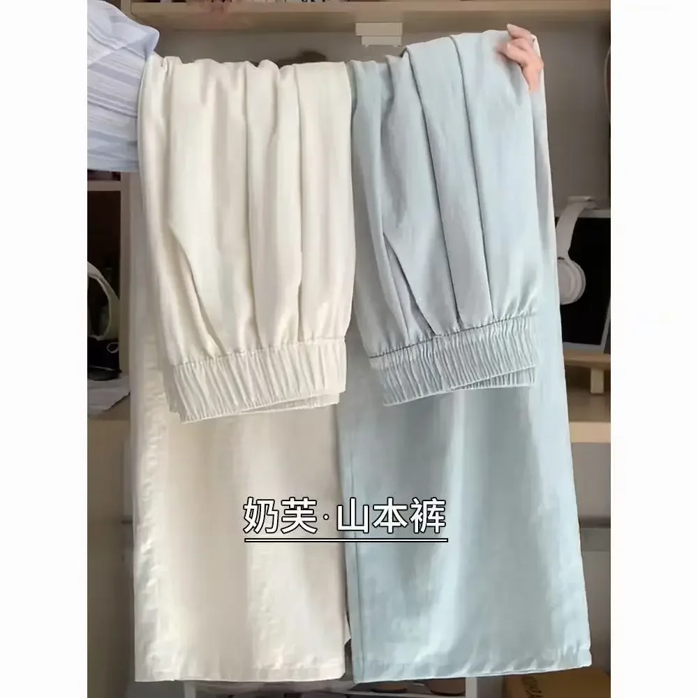 กางเกงผู้หญิงฤดูร้อนกางเกงขากว้างผ้าฝ้ายเอวยางยืดหลวม Fit Elegant Casual Chic จีบอเนกประสงค์ Breathable สูง