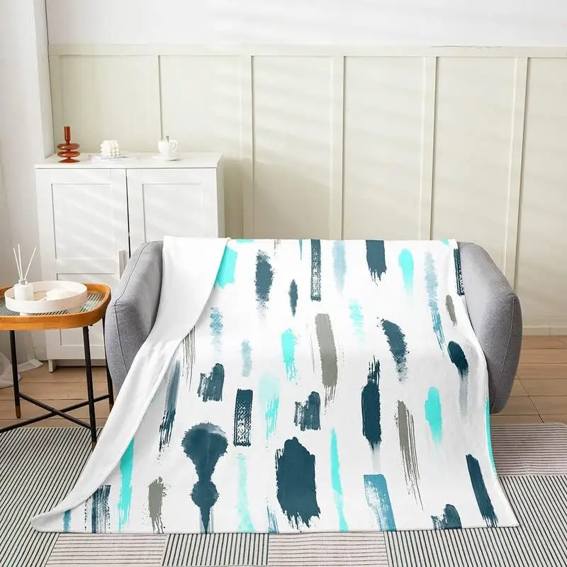 

Abstract Flannel Fleece Blanket Set Oriental Traditional Art Pattern Plush Throw Blanket, for Sofa Couch Teal Blue White