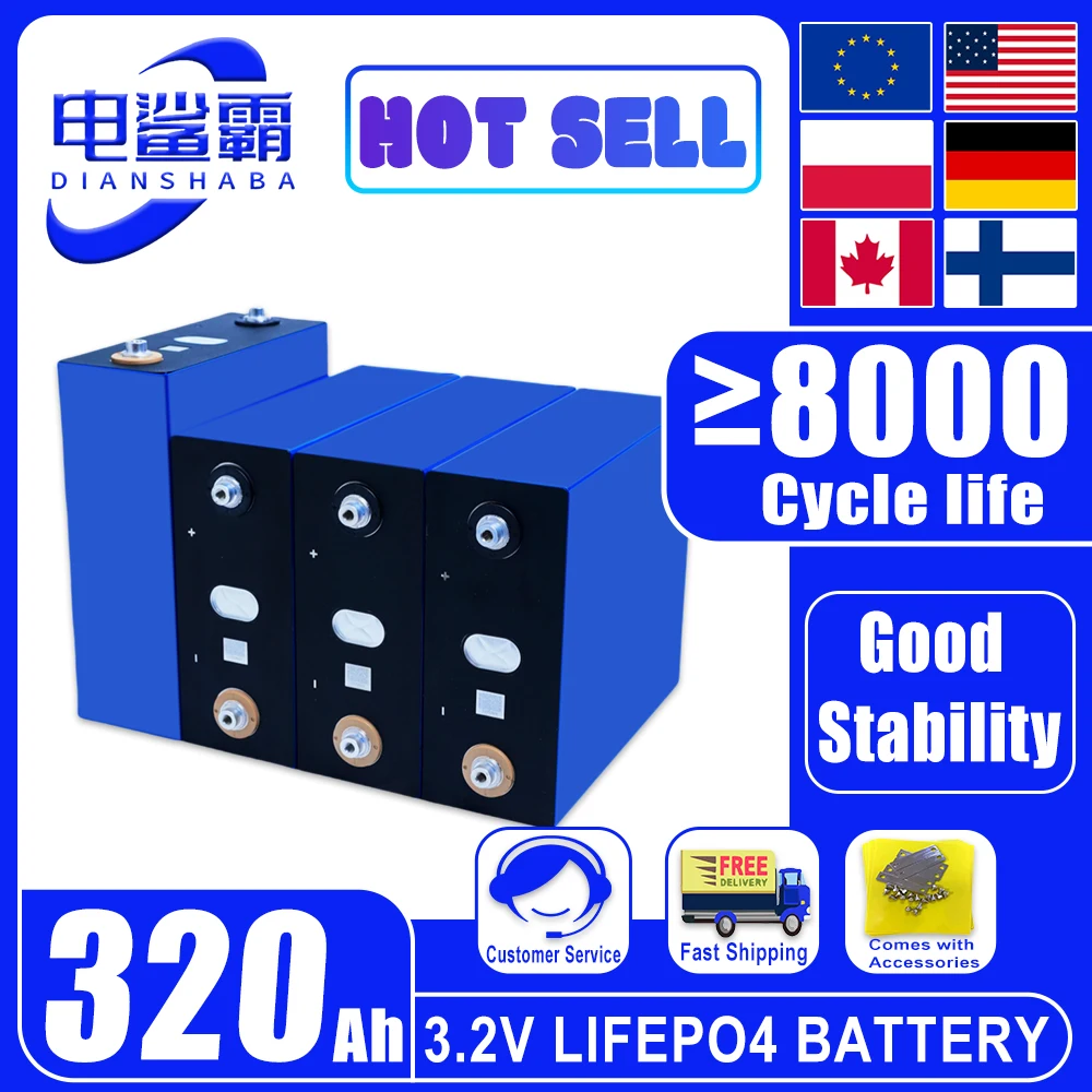 

NEW 8000 Cycles 3.2V 320Ah Rechargeable Battery suitable DIY 12V 24V 48V Cell Pack suitable RV Wheelchair Golf Cart Yacht