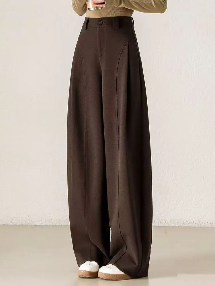 خريف شتاء سميكة مستقيم السراويل النساء عادية عالية الخصر الصوفية واسعة الساق Pantalones الكورية موضة فضفاضة الصوف مزيج Spodnie جديد #4