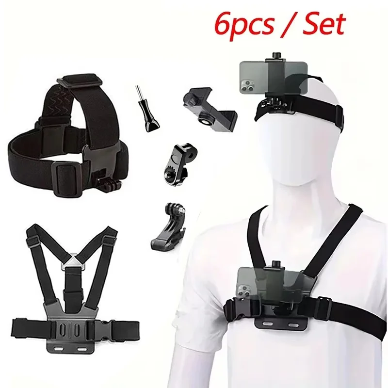 All In One 6pcs Action Camera Kit Mobile Phone Head Strap Chest Strap Mount Adjustable For GoPro Hero DJI Rotatable Phone Holder