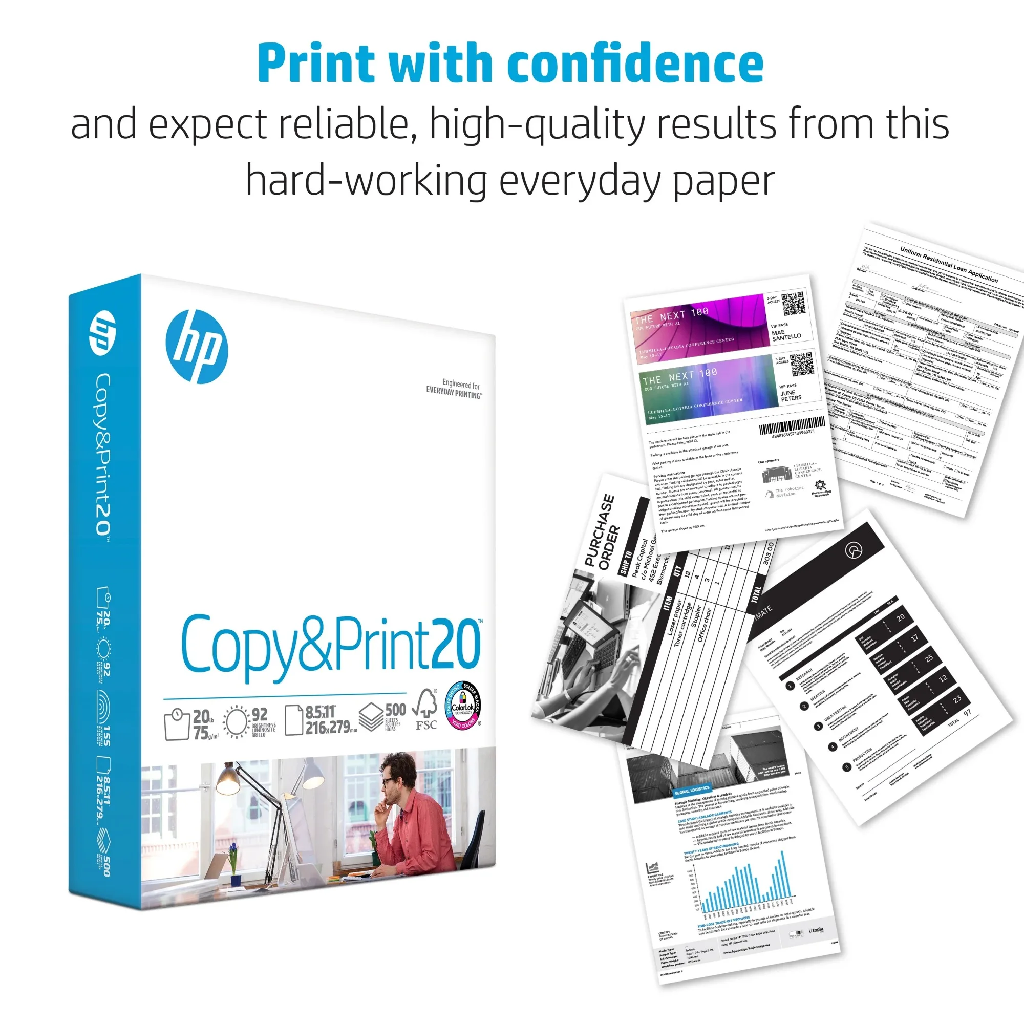 

Printer Paper - Copy and Print, 20 lb., 8.5" x 11", 2,400 Sheets, 6 Pack, White