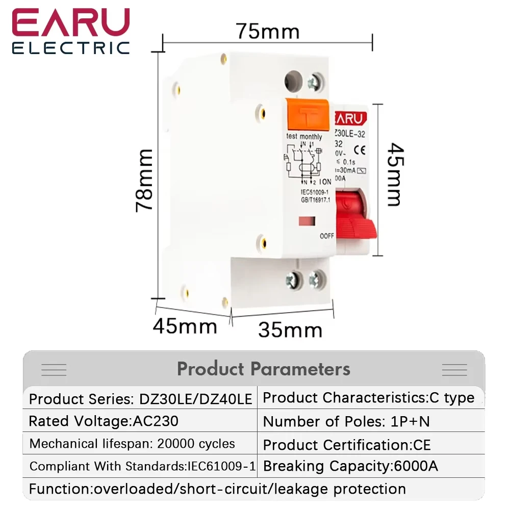 EPNL 1P+N AC 230V  6A 10A 16A 25A 32A Residual Current Circuit Breaker With Over And Short Current Leakage Protection RCBO MCB