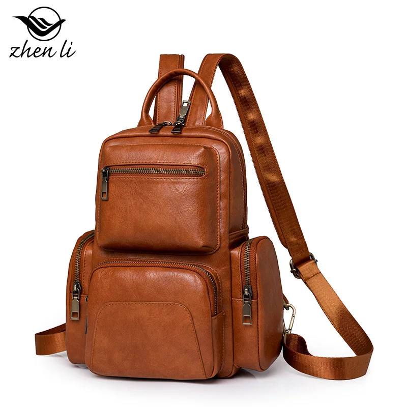 Women's three-dimensional multi-pocket backpack PU leather single-shoulder handbag travel women's bag retro multi-cross-body bag