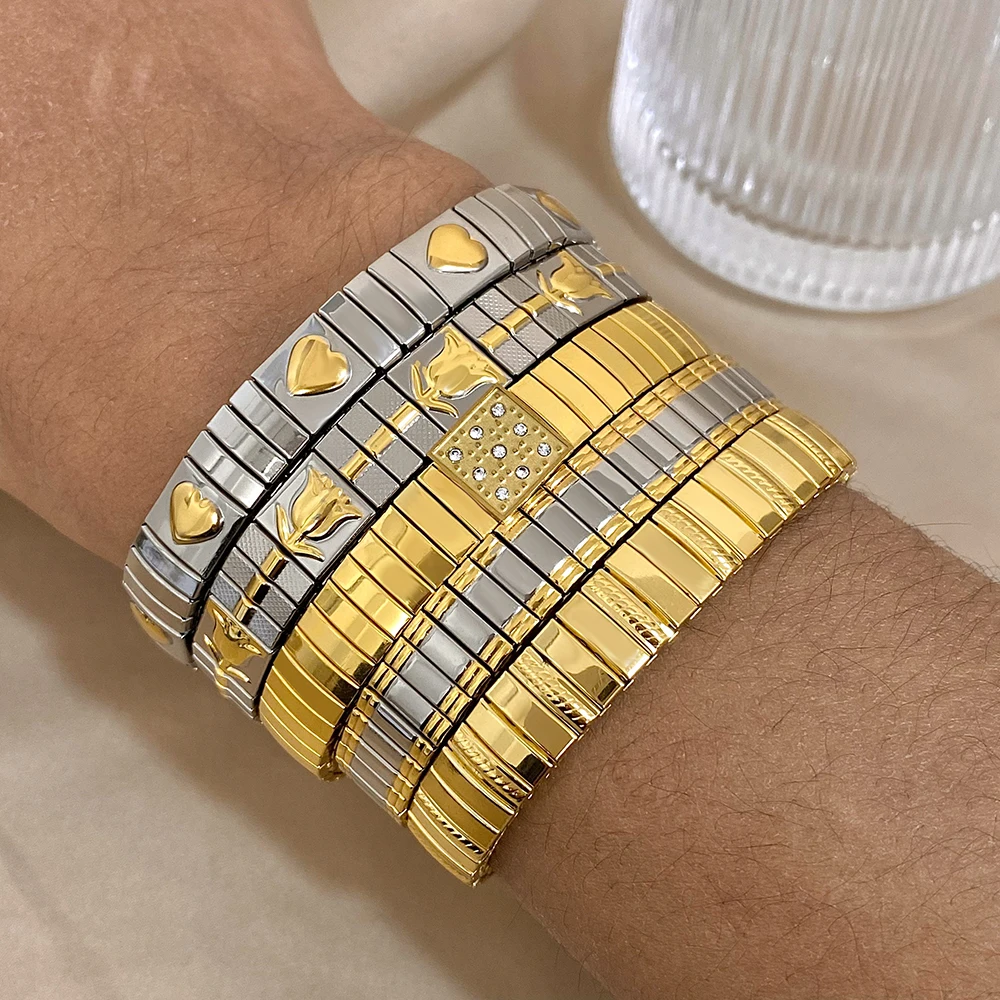 Flashbuy New Trend Chunky Gold Color Charm Thick Elasticity Stainless Steel Bracelet Bangle For Women Wrist Waterproof Jewelry