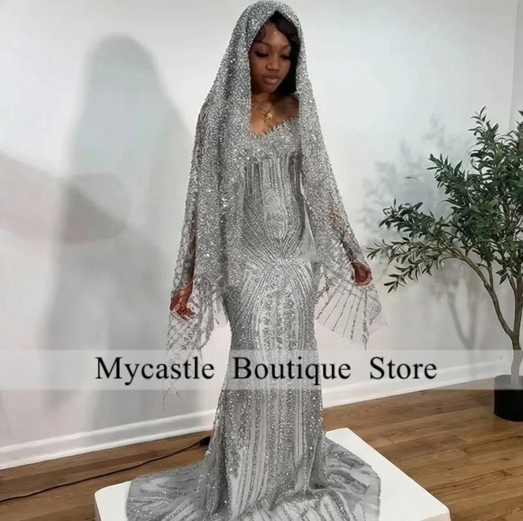 Sliver Prom Dresses 2026 Luxury Black Girls Beaded Diamond Head Covering African Evening Gowns Birthday Dress Customized