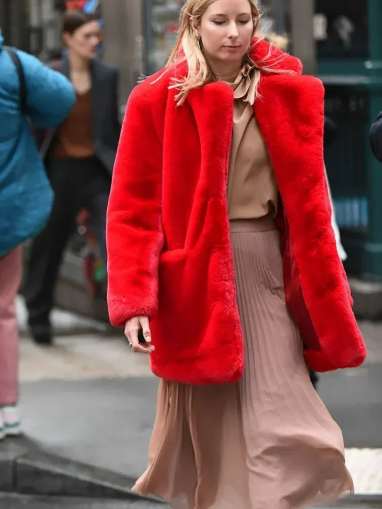 Chaqueta gruesa de piel sintética para mujer, abrigo largo coreano de otoño e invierno de color rojo vino, Parkas negras de piel de lujo cálidas, prendas de vestir exteriores peludas