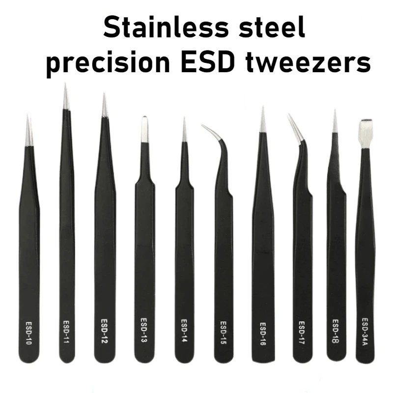 

6pcss Stainless Steel Precision Esd Tweezers Pointed End Anti Static Service Panel Pipe Bend Repair Parts Tools Phone Eyelash CN
