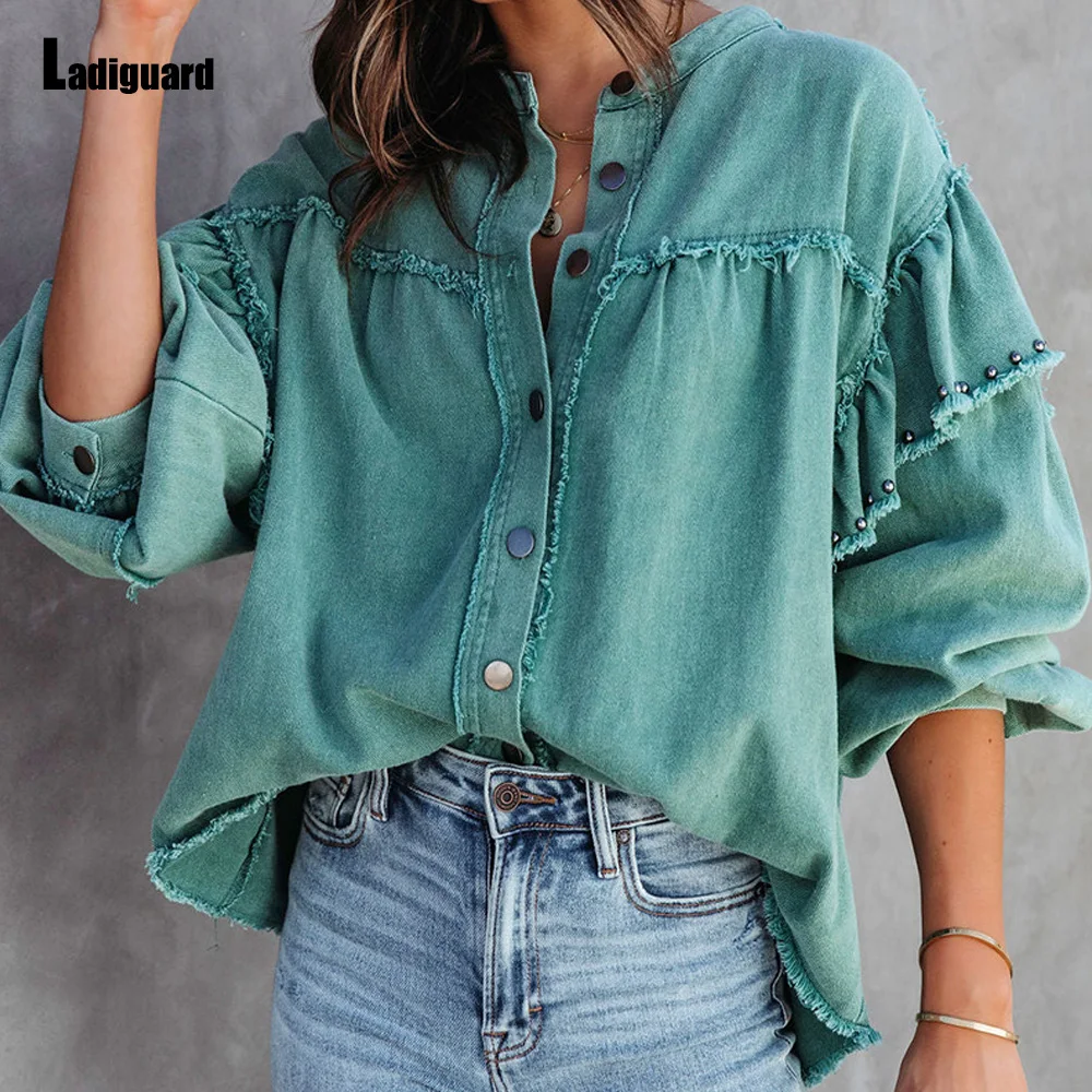 

Ladiguard Women Sexy Ruffles Denim Jacket Spliced Beading Demin Jackets Loose Vaqueros Mujer 2024 Single Breasted Tops Outerwear