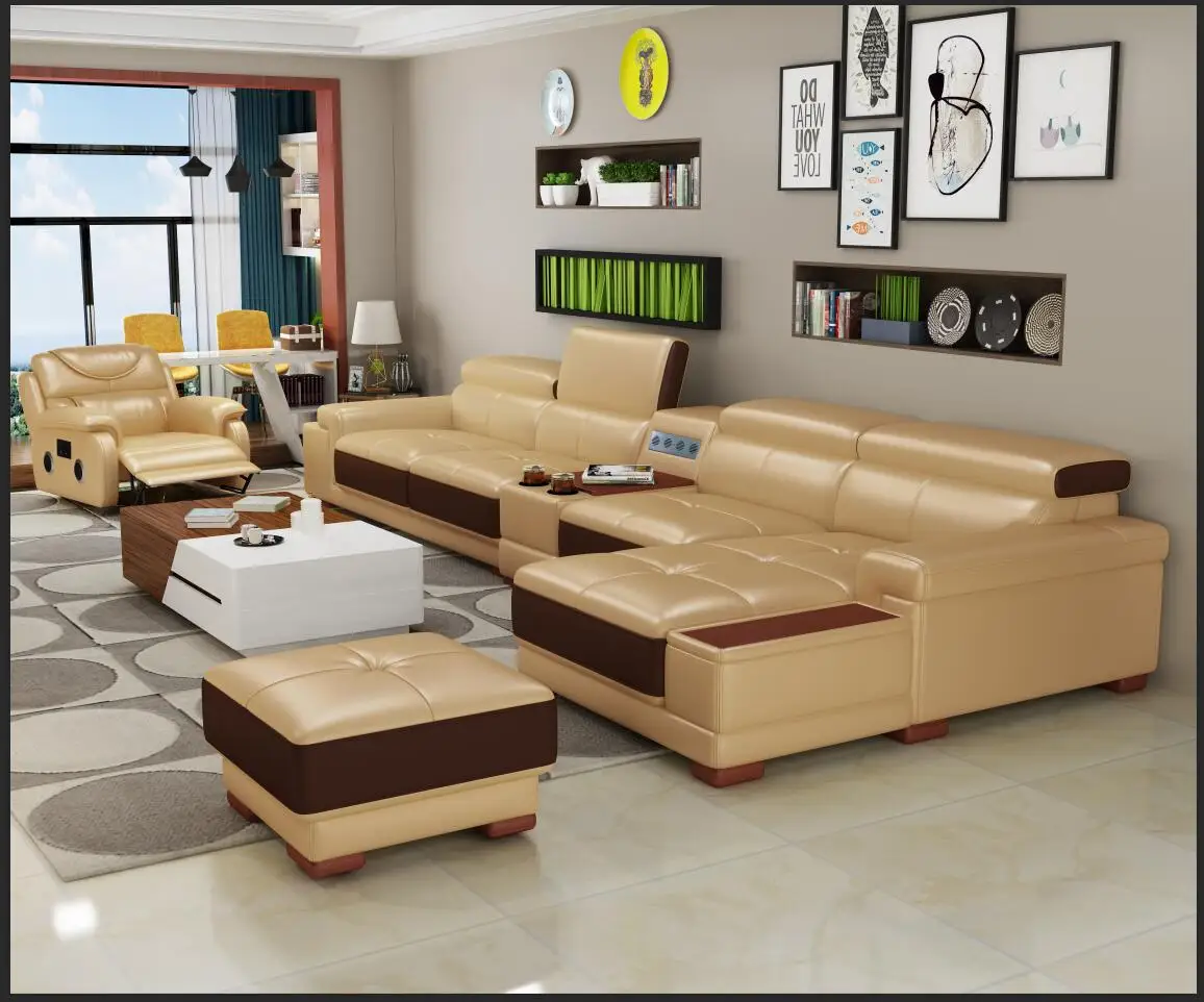#L Shaped Modern Sectional Premium Leather Sofa 3-Seater with Air Purifier & Chaise Lounge - OEM/ODM Support