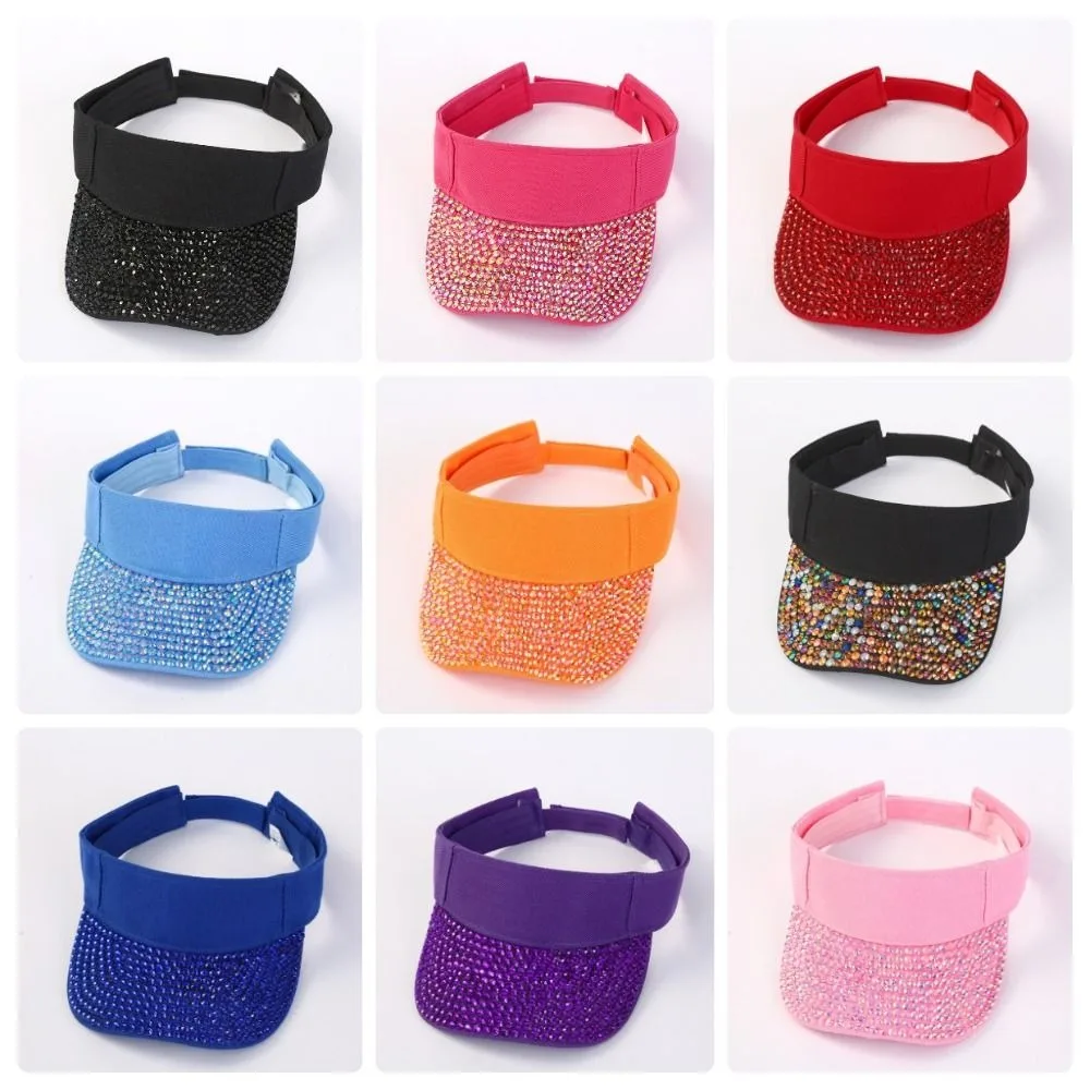 Fashionable Breathable Empty Top Hat with Embedded Rhinestones Wide Brim Diamond Encrusted Hat Candy Colored Sunshade Cap Beach