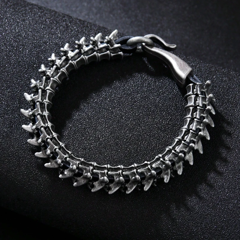 1PC Men's Fashion Hip Hop Style Dark Gothic Dragon Spine Zinc Alloy PU Leather Bracelet