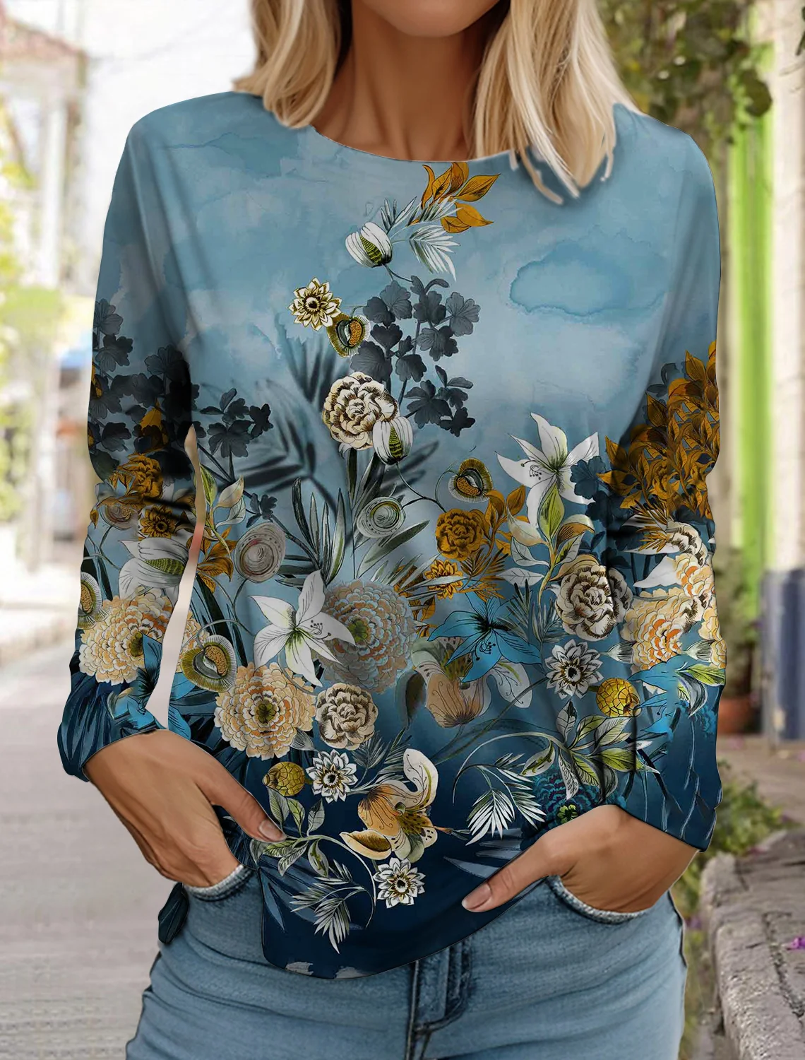 Women's white long-sleeved tops round neck casual tops 3d printed flowers fashion stickers printed women's long-sleeved T-shirt