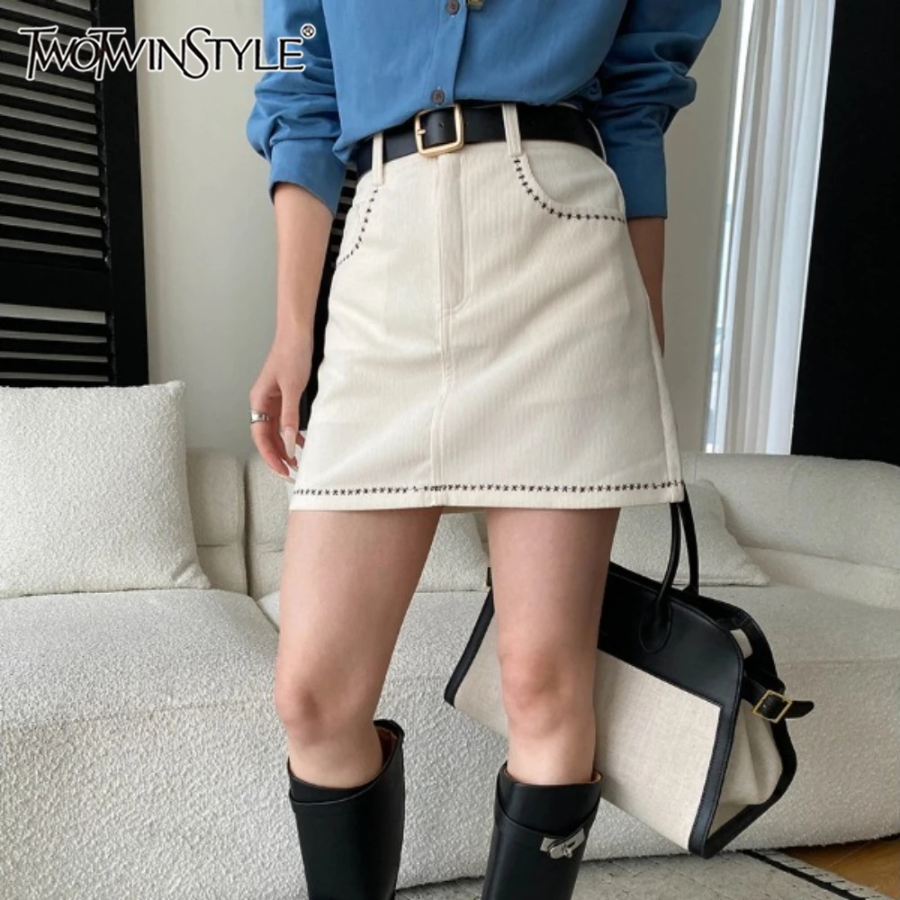 TWOTWINSTYLE Solid Spliced Pocket Casual Skirt Female High Waist Slimming French Elegant Women's Short Skirts Autumn New Fashion