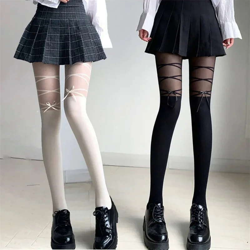 

New Spring autumn Lolita Cosplay white bow Pantyhose jk Sweet Sexy Thin Ins Tide Lace Fishnet Silk Stockings Tights