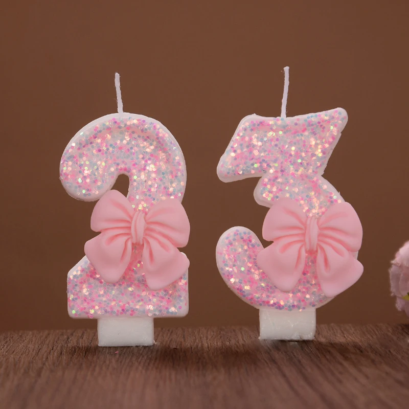 

Cute Pink Bow Cake Number Candles Glitter 0-9 Digital Cake Toppers Kids Girls Birthday Party Cupcake Dessert Decoration Favors