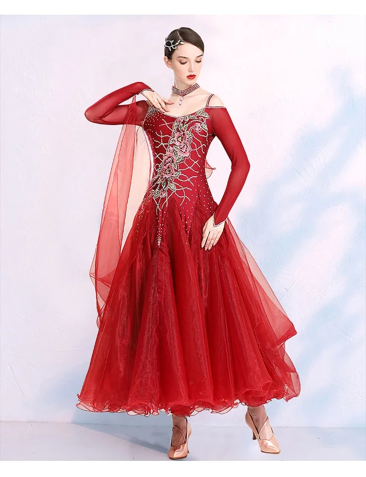 Fora do ombro fio voador lantejoulas grande balanço feminino vestido de competição de dança de salão valsa tango vestido de dança roupas de festa