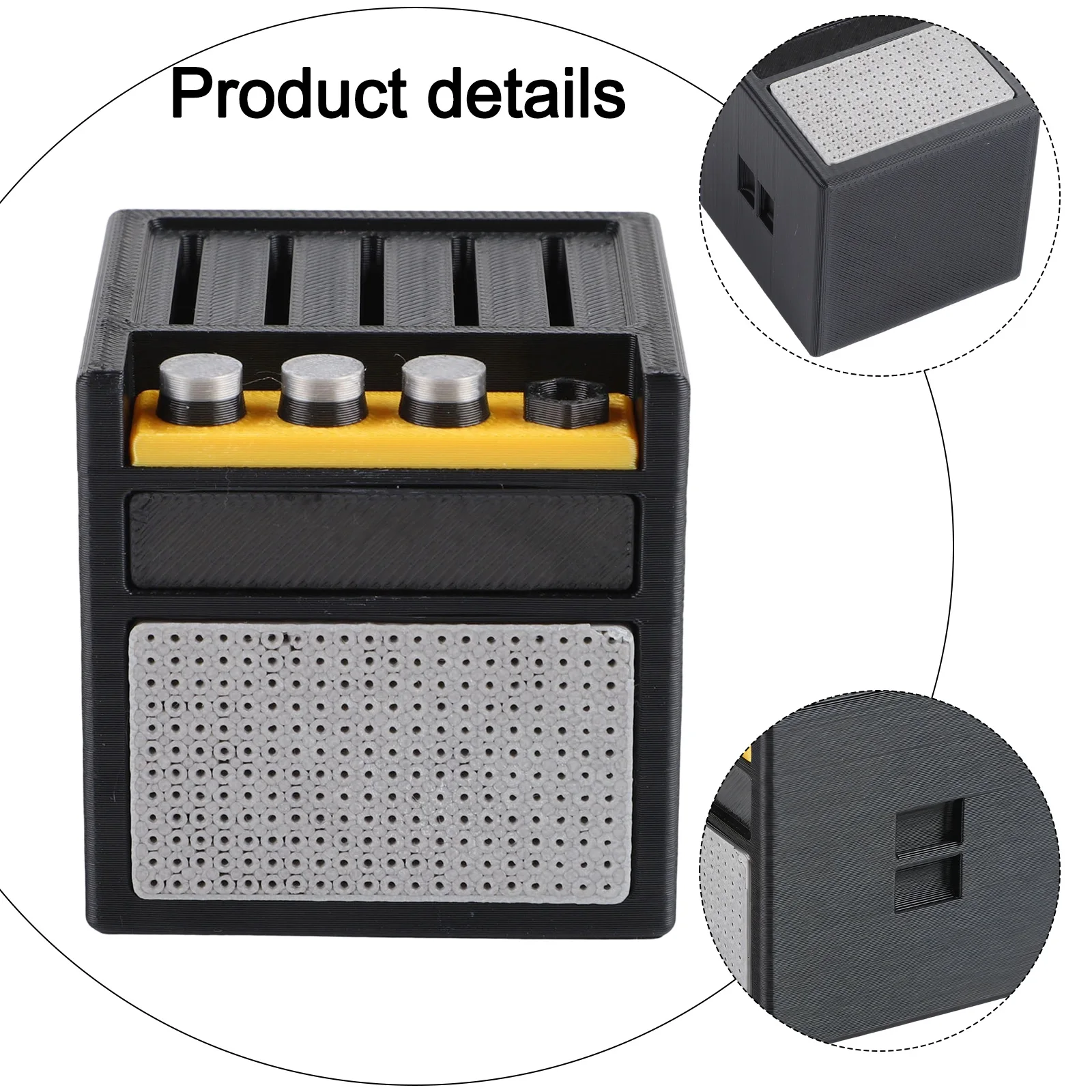 Guitar Pick Holder Box for Black Cube Shape with Mesh Texture Gold Accents Holds 6 Guitar Picks 1.69 Inch Per Side Dimension