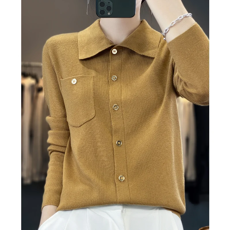 New Autumn And Winter POLO Collar Cardigan Women\'s Pure Wool Knitted Pocket Top Flat Versatile Office Long Sleeved Shirt NJR309