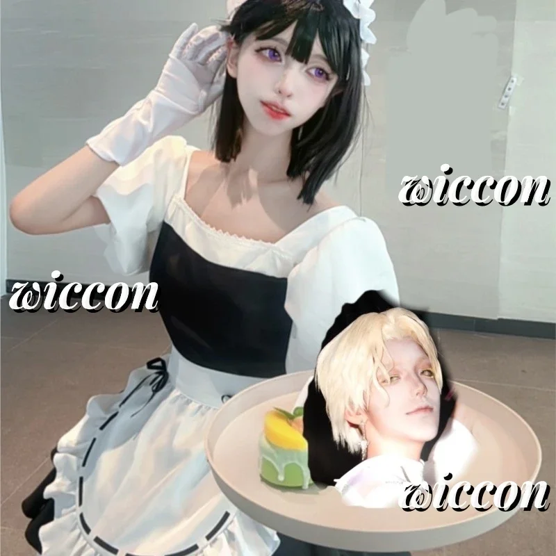 MN1 Sua Maid Cosplay disfraz peluca alienígena escenario Cosplay disfraz micrófono vestido blanco sombreros peluca corta negra Sua Cosplay Dre9 * Jy