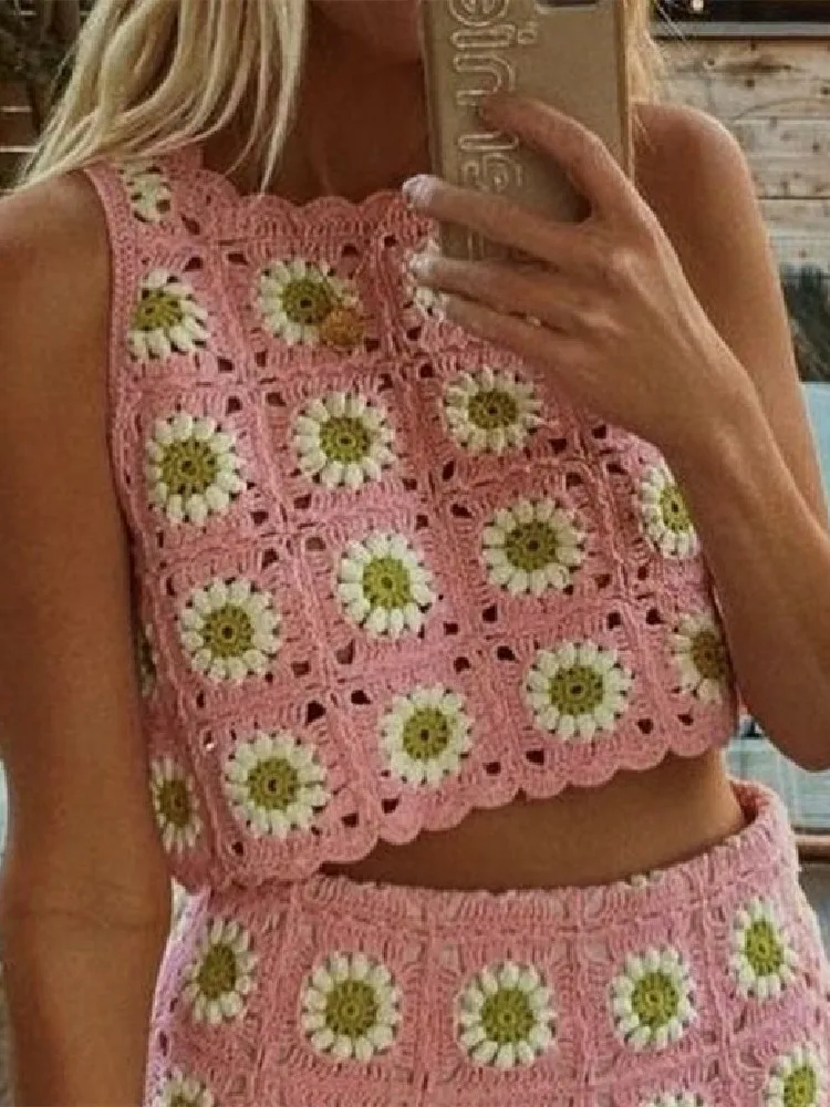 BOHO Pink Sun Flower Plaid Hand Crochet Crop Top Sleeveless Tanks Women Lacing up Bandage Waist Mini Short Skirt 2 Pieces Set