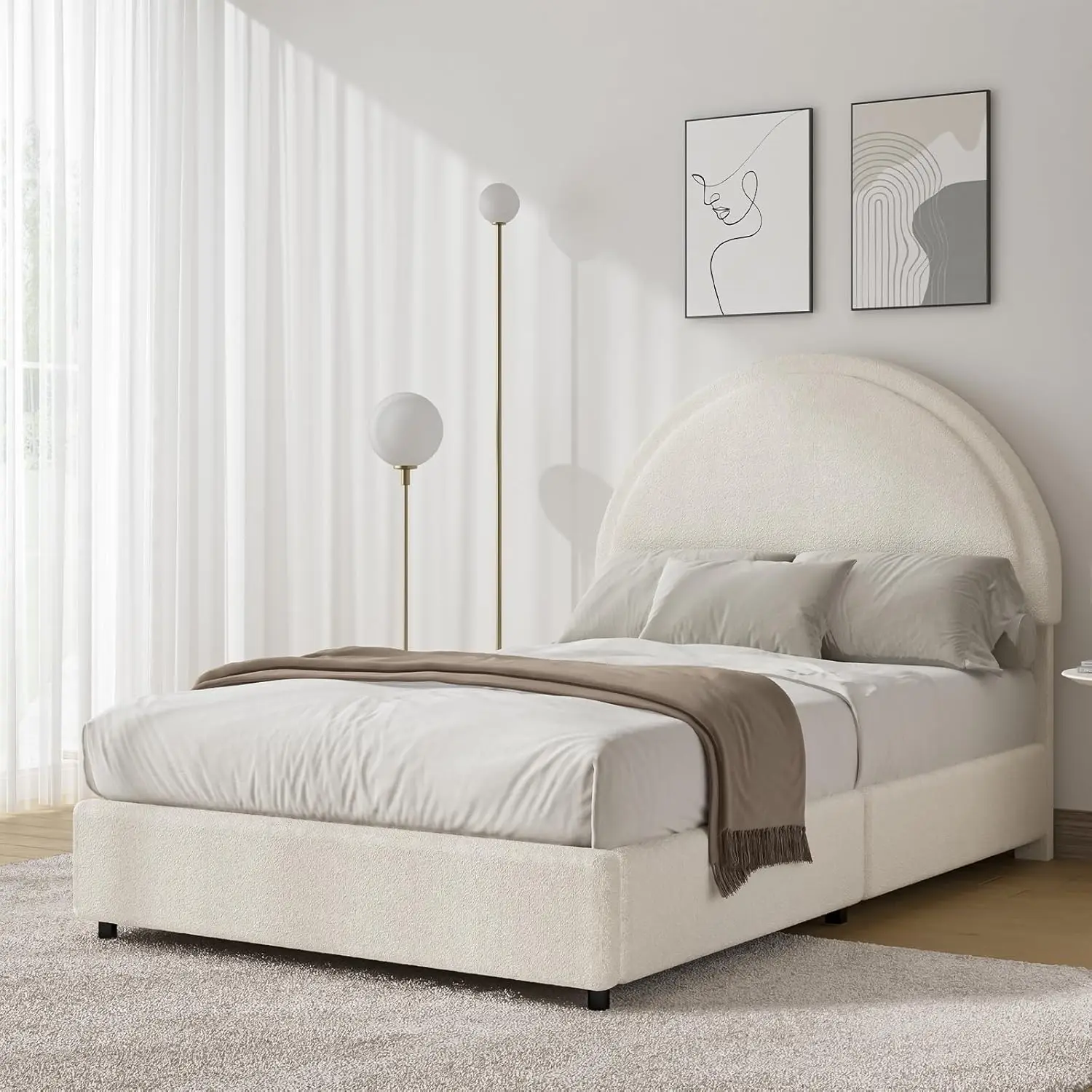 with Round Headboard, Soft Upholstered Bed Frame, Beige Bed Frame for Kids, Arch Shaped Modern Style, No