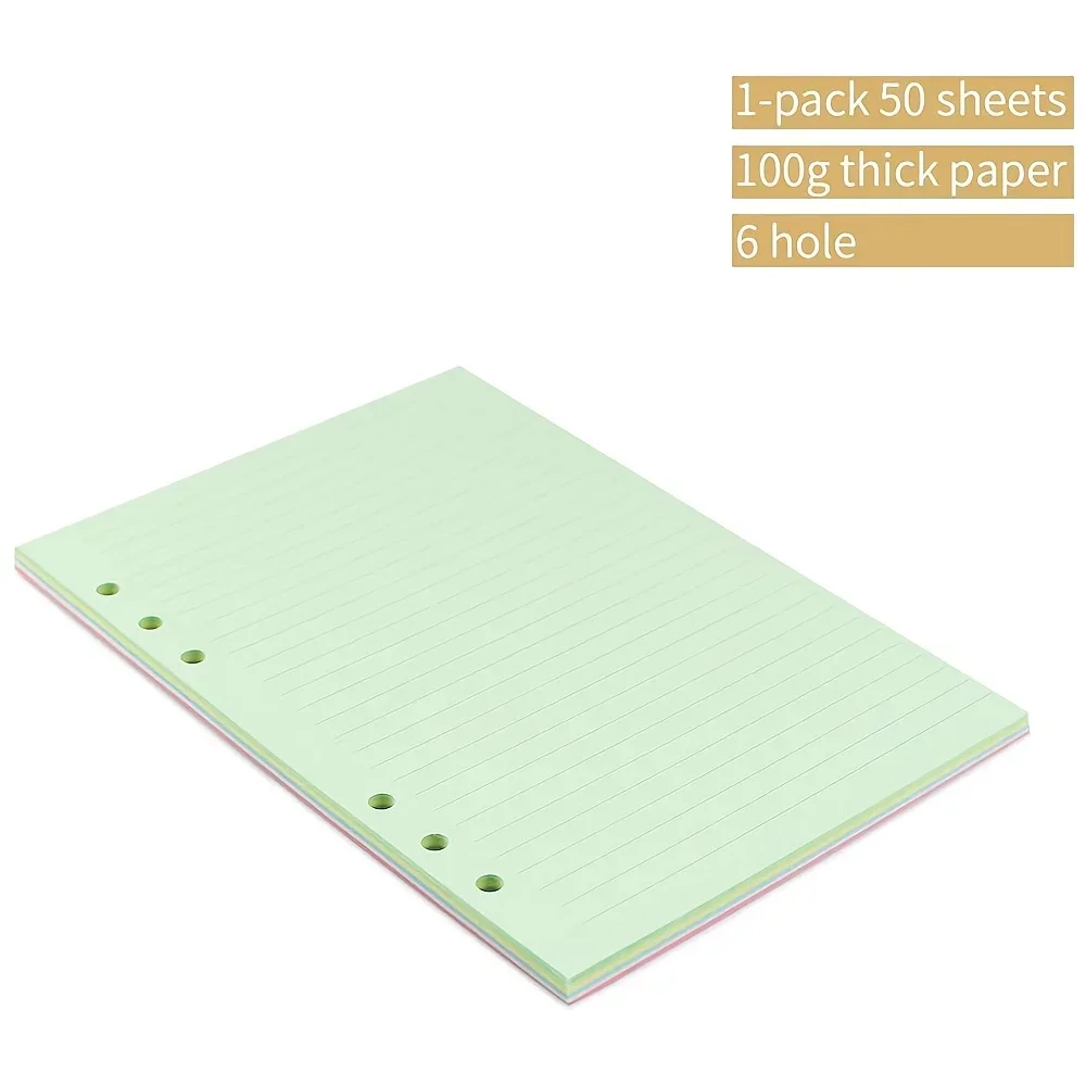 50 Sheets A5/A6 Colorful 6-Hole Punched Ruled Refills Inserts for Personal Size Organizer Binder