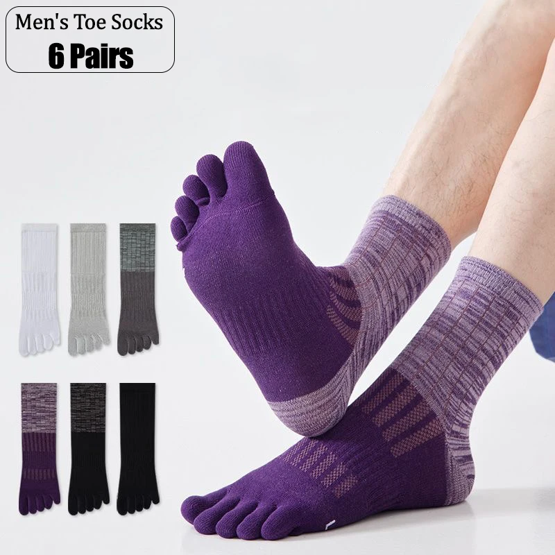 

6 Pairs Men Five Toe Socks Anti-bacterial Deodorant Moisture Wicking Cotton Breathable Mesh Sports Crew Socks For Running Hiking
