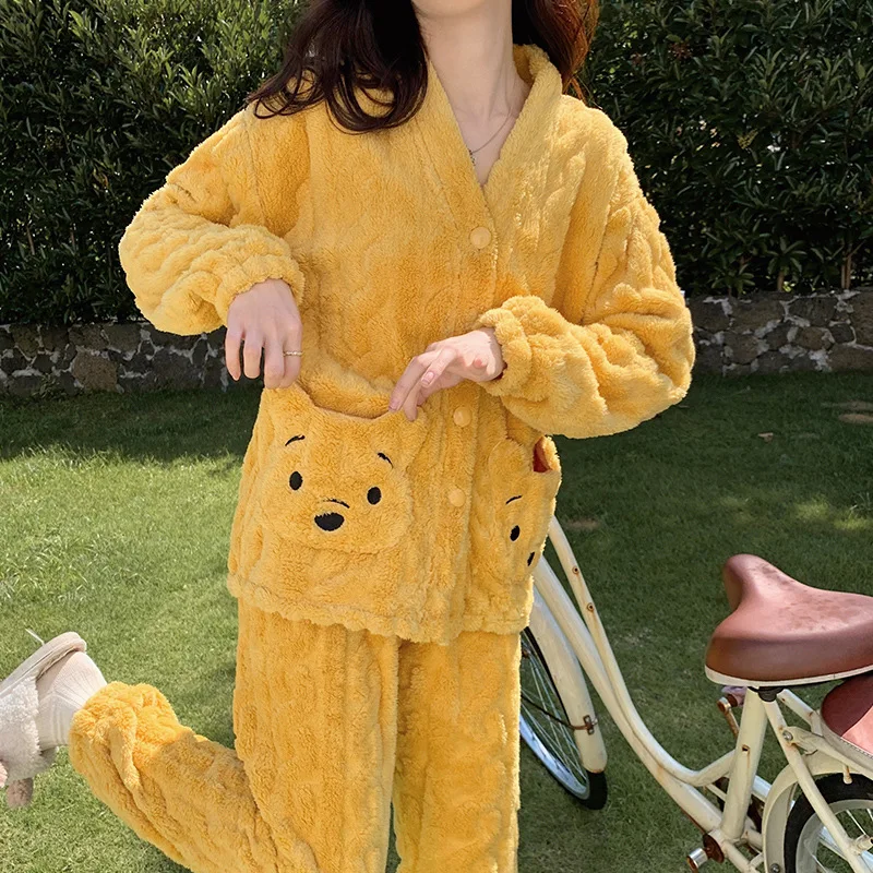 Disney Pooh Bear Pyjama Set Meisjes Winter Dikke Cartoon Winnie Pooh Nachtkleding Huiskleding Fleece Comfortabele nachtkleding