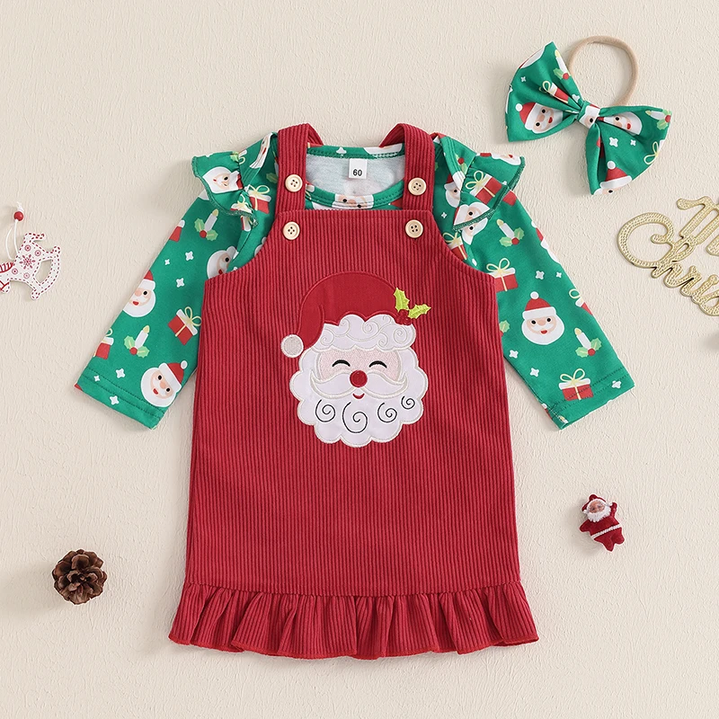 Baby Girl Christmas Outfits Santa/Gingerbread Man Print Long Sleeve Romper Overalls Dress Headband 3Pcs Clothes Set