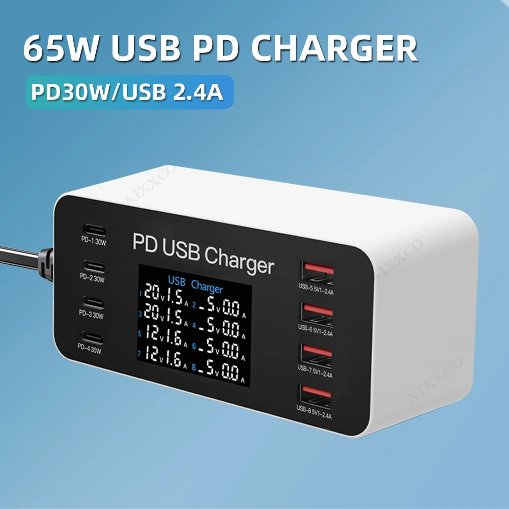 65W PD Charger Fast Charger For Laptop Tablet iPhone 15 14 Type C Charger With 2.4A USB Phone Charger