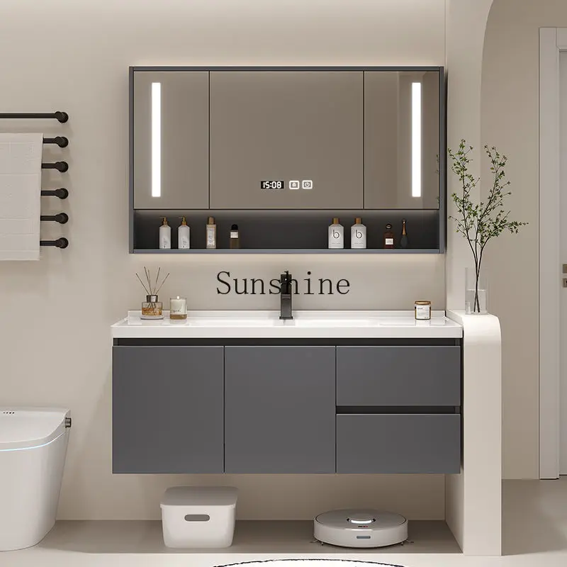Intelligent light luxury cream wind ceramic integrated basin solid wood, washstand bathroom cabinet combination