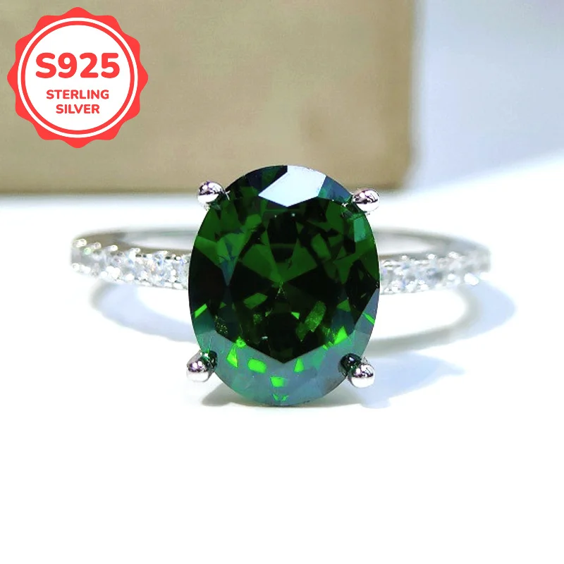 1pc 3Carat S925 Silver Green Synthetic Zircon Pigeon Egg Straight Set Ring, The Perfect Choice for Engagement, Anniversary Gifts