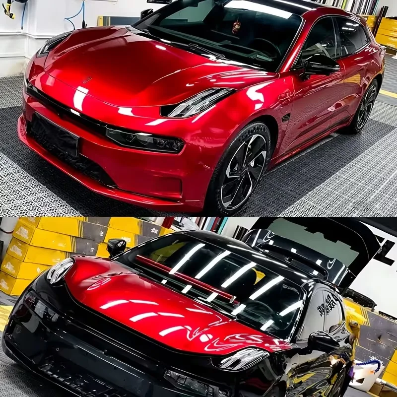 Ultra-Glanz Metallic Candy Rot Vinyl Auto-Folierung mit Luftkanälen, selbstklebende Aufkleberfolie für Motorrad und Auto – Detail 1