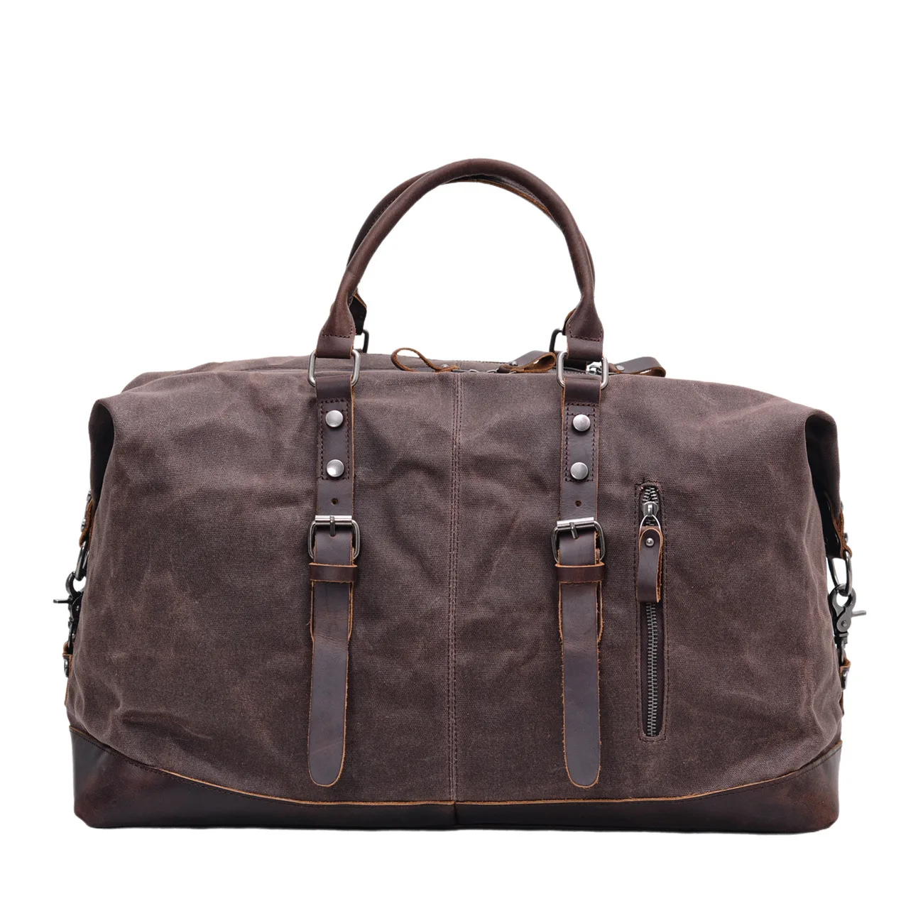 Vintage Waxed Canvas Duffle Bag Crazy‑Horse Leather Trim Large Capacity Weekend Overnight Travel Handbag Shoulder Luggage Bag