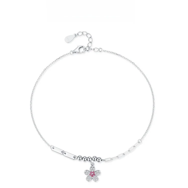 

S925 Sterling Silver Sweet Girl Pink Zircon Flower Bracelet for Women Elegant Cold Wind Inspired Adjustable Hand Jewelry Gift