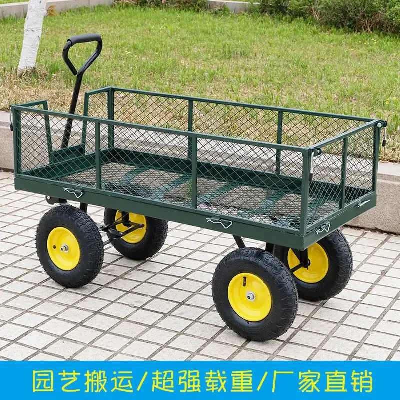 Farm Yard Heavy Duty Steel Garden Cart Removable Mesh Sides Flatbed Foldable Utility Metal Wagon 180° Rotating Handle 10\'\' Tires