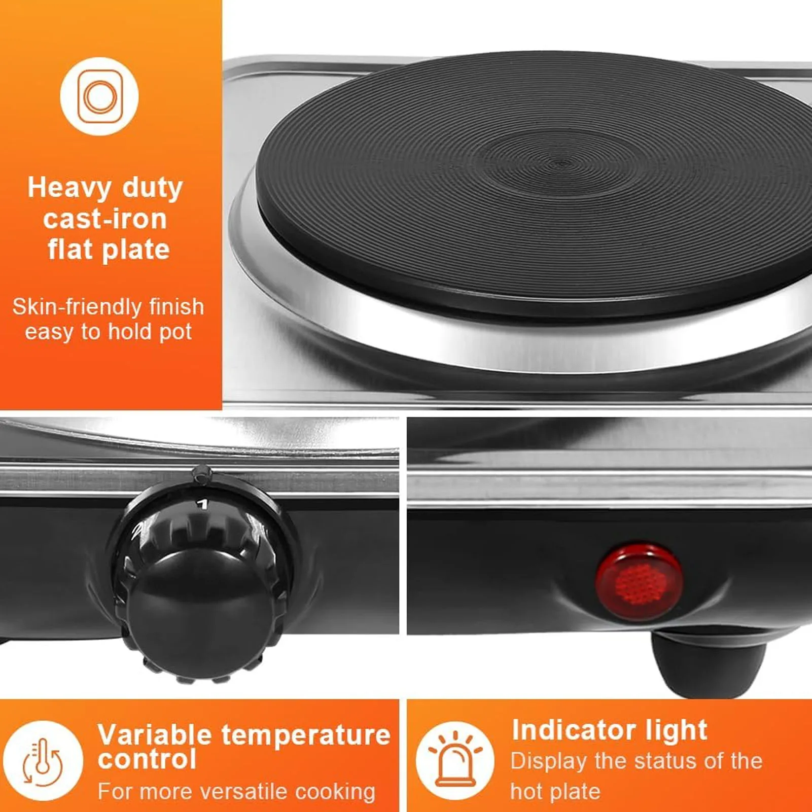 Encimera eléctrica de 1000W, quemador único, Control de temperatura de 5 niveles, placa caliente para cocinar, Base de acero inoxidable