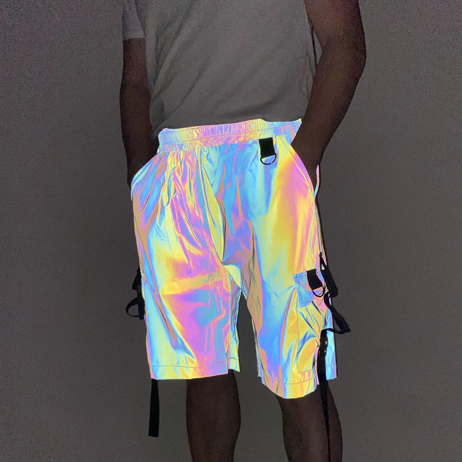 

Мужские светоотражающие шорты-карго с высоким вместием, техническая одежда с несколькими карманами для ночной безопасности, уличная одежда Rave Festival (универсальная посадка в стиле хип-хоп)