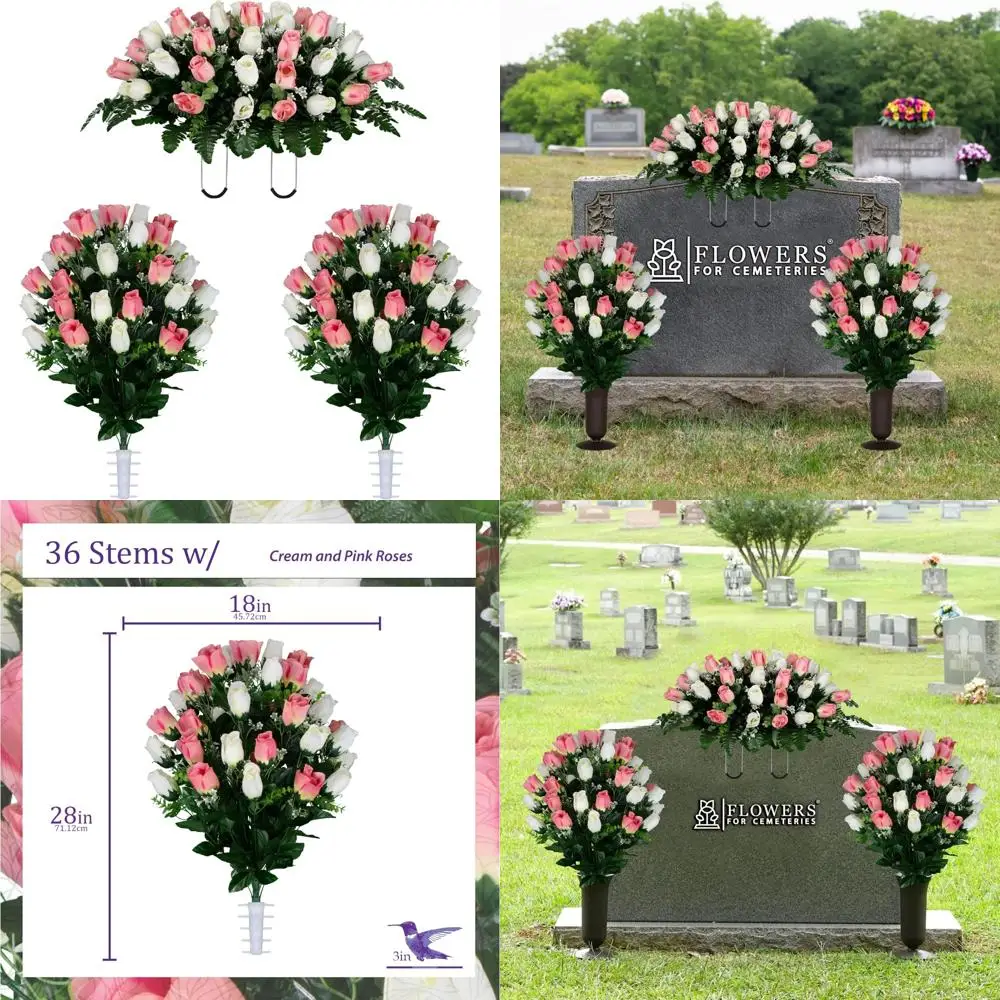 زهور المقبرة الاصطناعية - الورود الكريمية والوردية - سرج زهرة الرأس ومجموعة مطابقة لديكور Gravesite