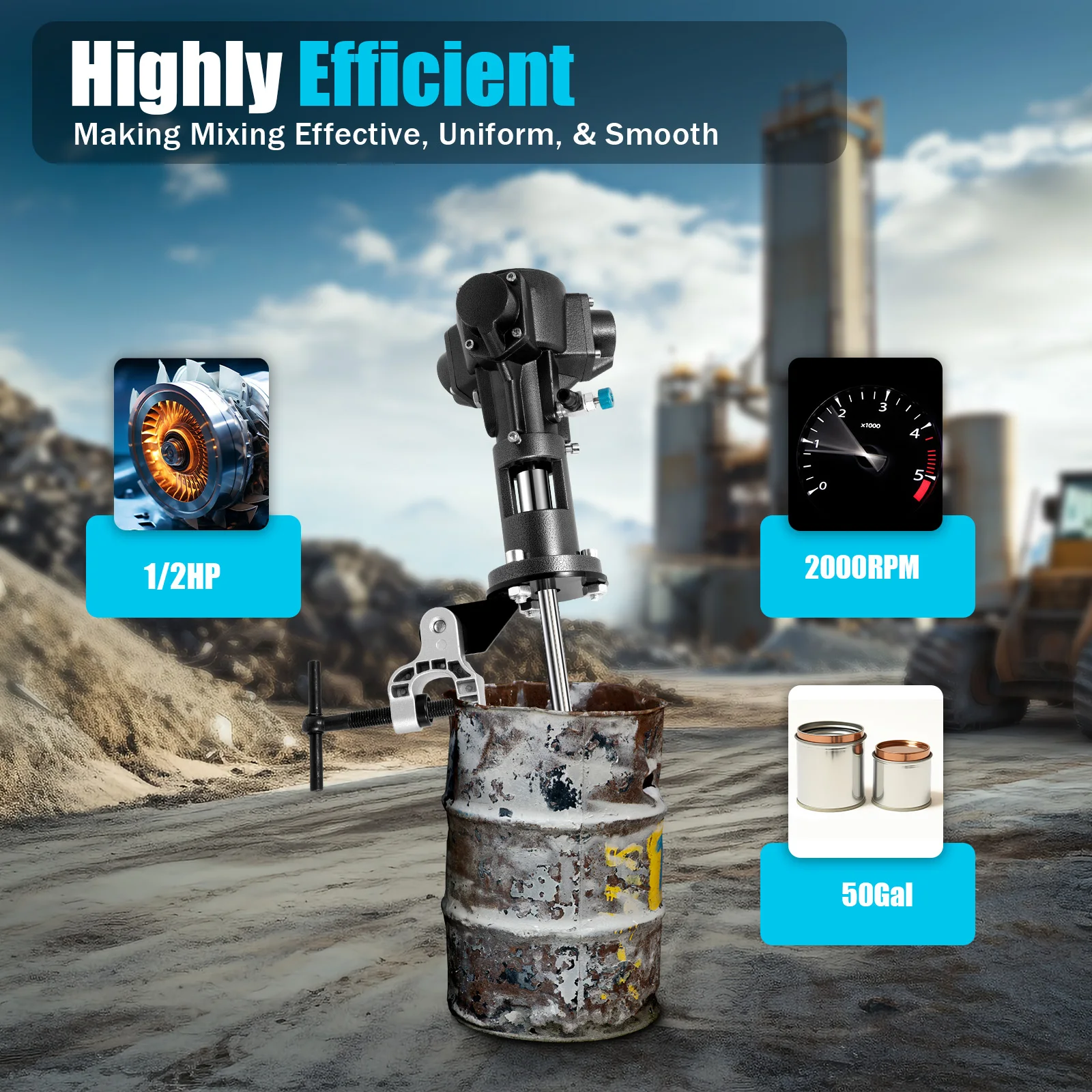 Stainless Steel Pneumatic Putty Powder Mixer, 50Gal Capacity, 50-2000RPM, Quiet & Efficient, Suitable for Paint/Coating/Food