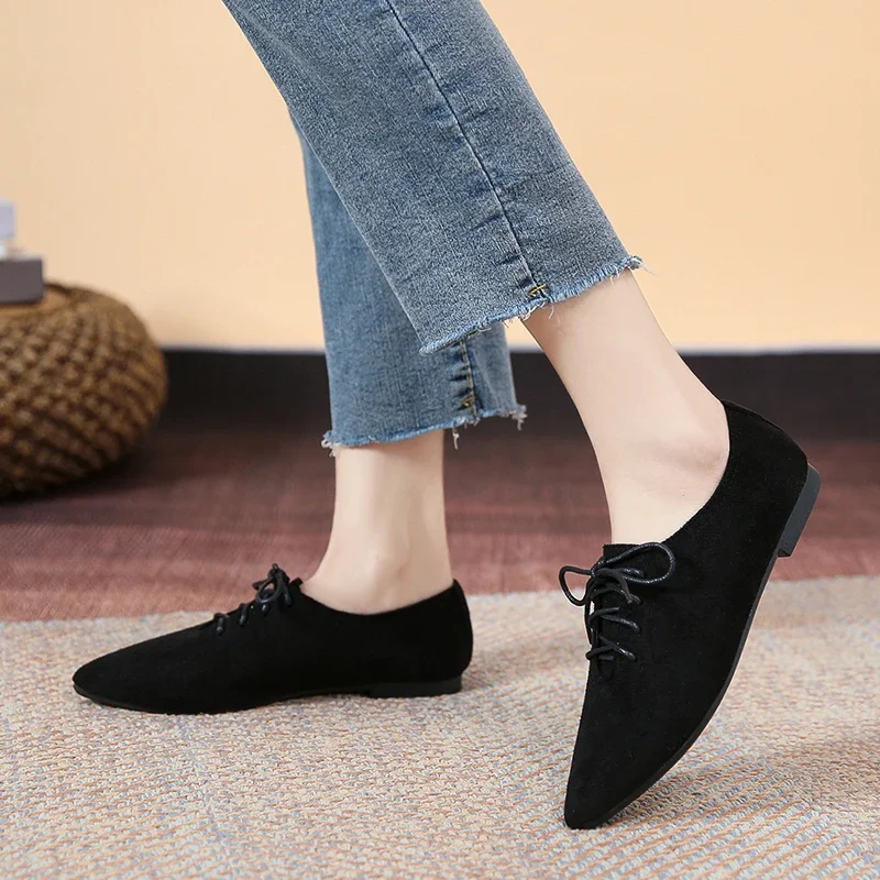 Fashion Pointed Shoes Female Shoes Daily Casual Shoes Classics Black Lace-Up Comfortable Flats Women\'s Flat Shoes 2022 Autumn