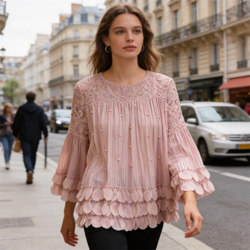 

Miyake Pleated Spring New Fashion Loose Large Size Versatile Top Simple Round Neck Long Sleeve Petal Beaded Pullover T-shirt