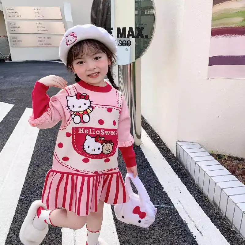 Cartoon Sanrio Child Dress Cute Baby Hello Kitty Beret Girl Sweet Exquisite Princess Style Knitting Long Sleeves Sweater Dress