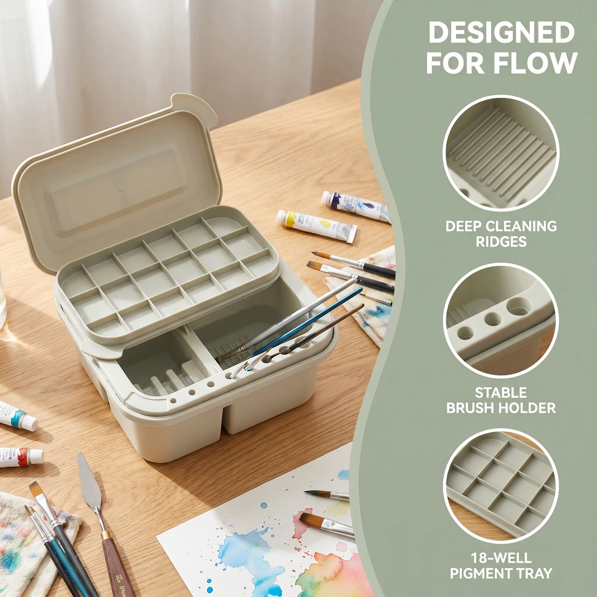All-in-1 Paint Brush Cleaning System, Multi-Functional Washing Basin with Brush Holders & Palette Lid for Artists view 5