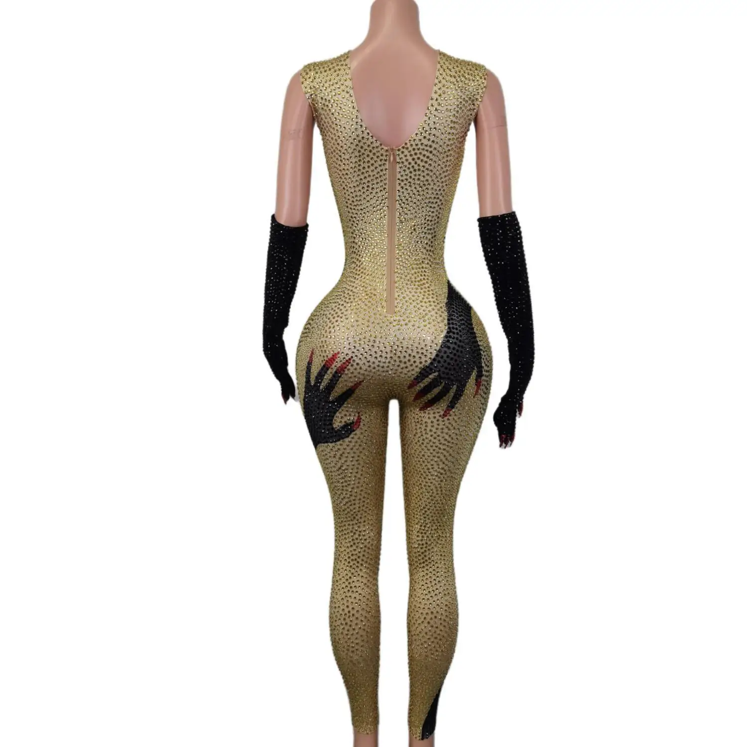 Women Shinny Jumpsuits with Gloves Sparkly Brand Design Black Gloves Night Bar Showgirl Gogo Costumes Sexy Queen Outfits Heishou