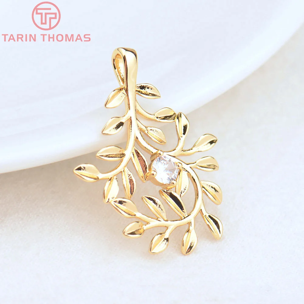 (4552)6PCS 23x30MM Hole 2MM 24K Gold Color Brass with Zircon Branch Pendants High Quality Diy Jewelry Findings Accessories