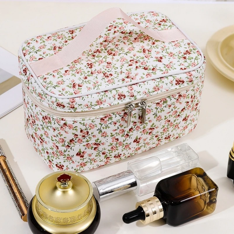 Fashion Floral Puffy Quilted Makeup Bag Travel Cosmetic Jewelry Storage Organizer Handbag Pouch Portable Toiletry Bag